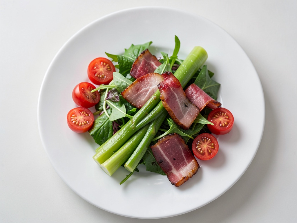 Insalata croccante di Knöpfle con asparagi verdi e pancetta