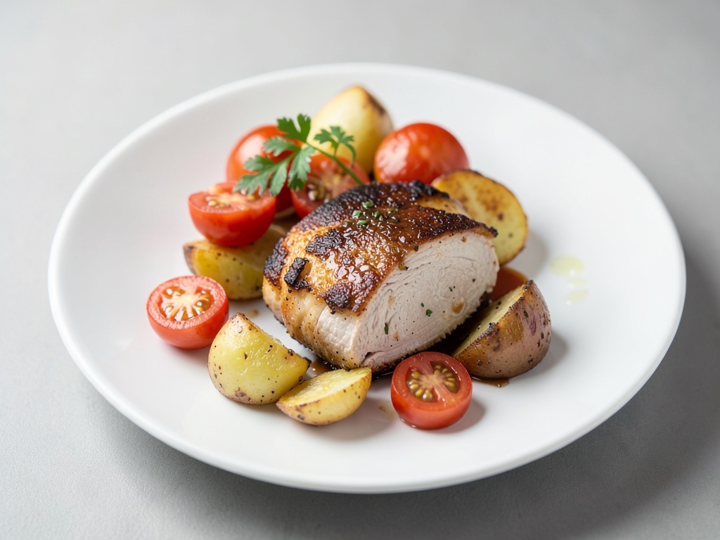 Poitrine de poulet croustillante avec pommes de terre et tomates à l'air fryer