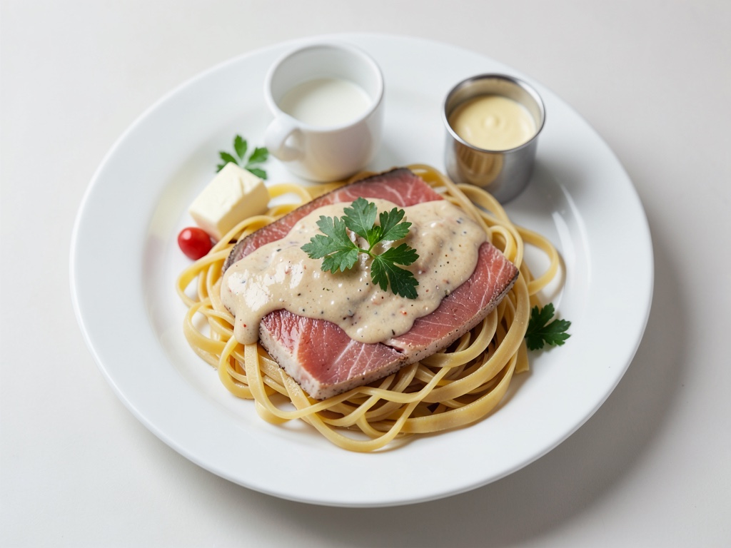 Lachswürfel in Sahnesauce mit Nudeln