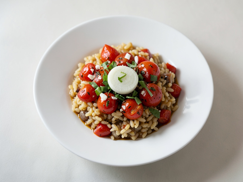 Safran-Risotto mit Ofentomaten und blanchiertem Frühlingszwiebel-Lauch