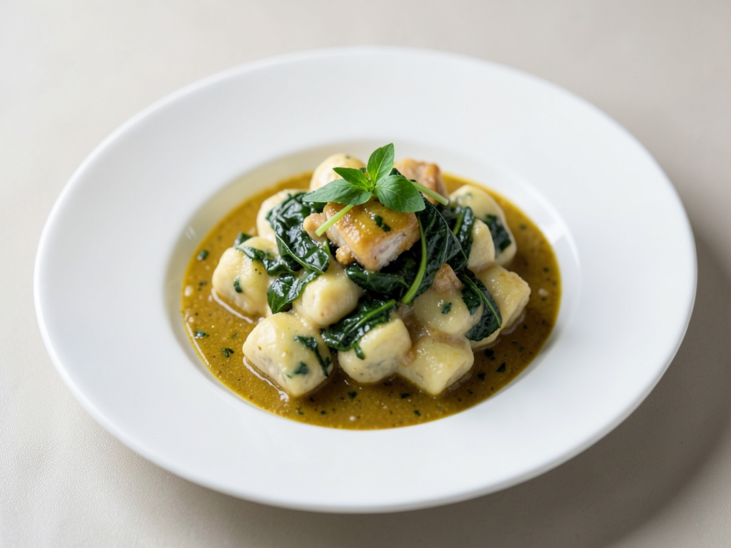 Gratin cremoso di gnocchi di pollo con spinaci e curry