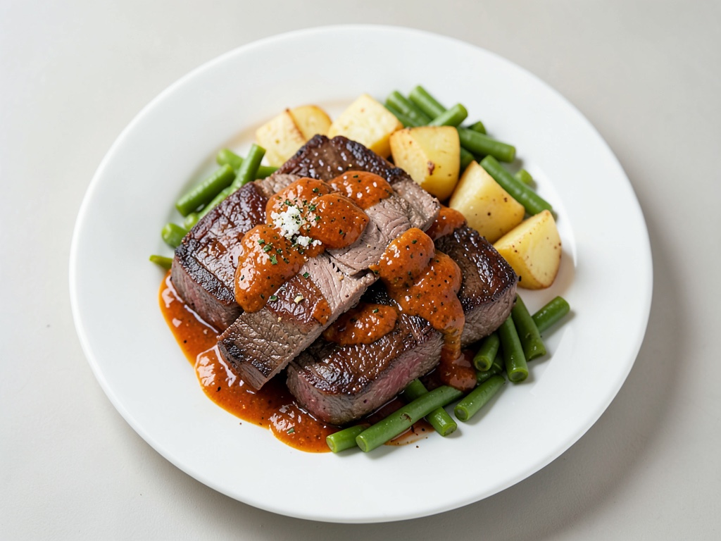 Überbackenes Entrecôte mit Ziegenkäse, Pfeffersauce, grünen Bohnen und Ofenkartoffeln
