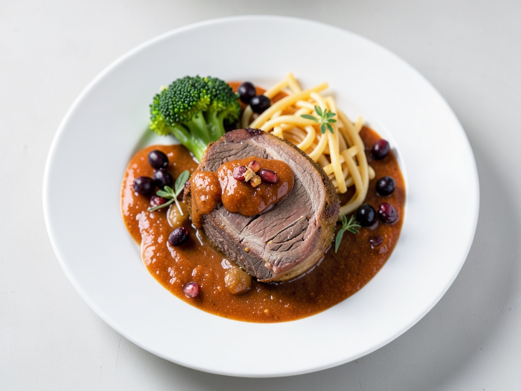 Cosce di capriolo arrosto con salsa al melograno, gnocchi di patate e broccoli