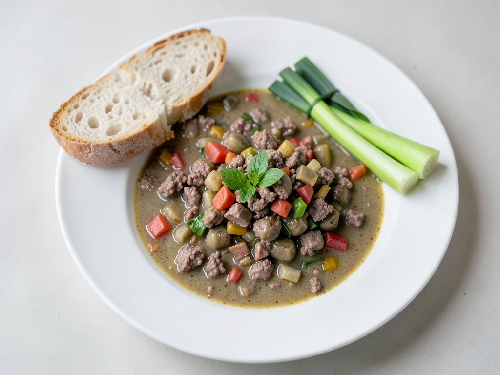 Sopa cremosa de puerro y queso con carne frita