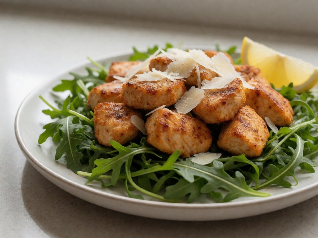 Schnelle Zitronen-Hähnchenbissen auf Rucola-Bett