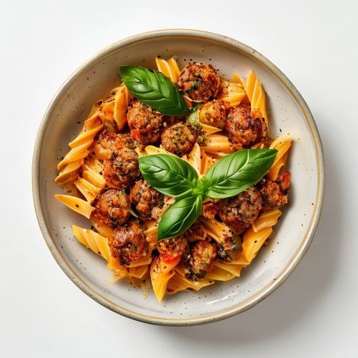 Klassische Fleischbällchen-Penne in Tomatensoße