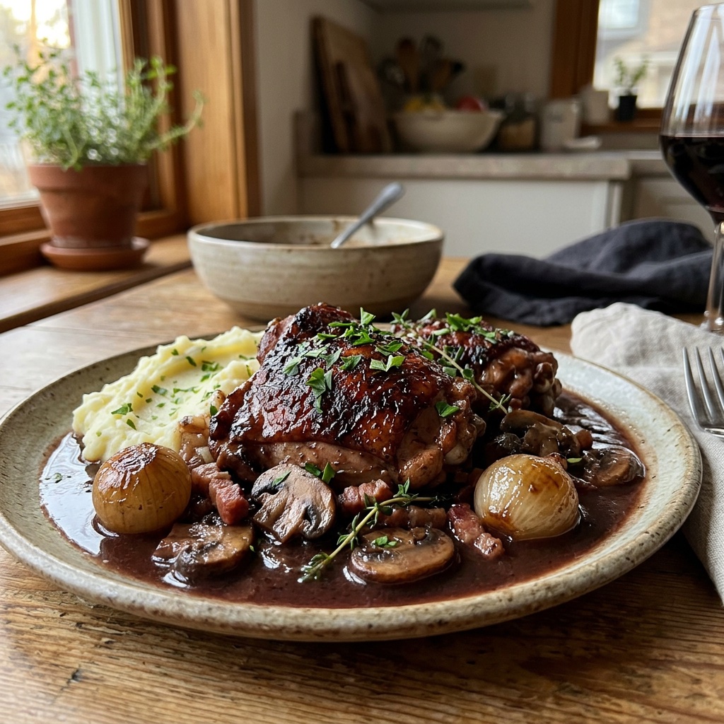 Hähnchenschenkel im Rotweinsauce-Bistrostil