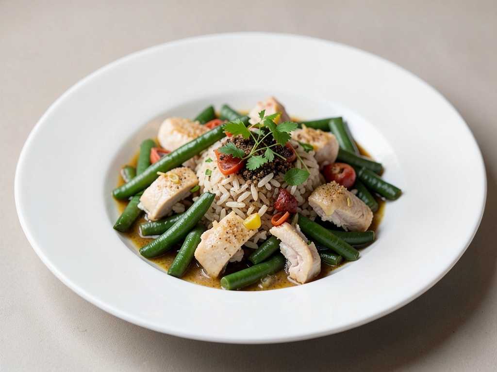 Vinaigrette-Hähnchen-Reis-Bowl mit grünen Bohnen