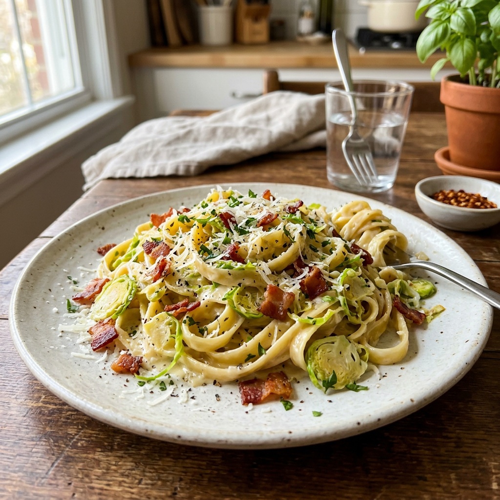 Cremige Brussels-Fettuccine mit Speck