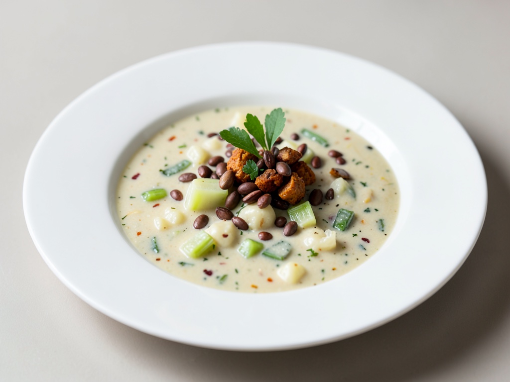 Sopa cremosa de apio y patata con semillas de calabaza tostadas