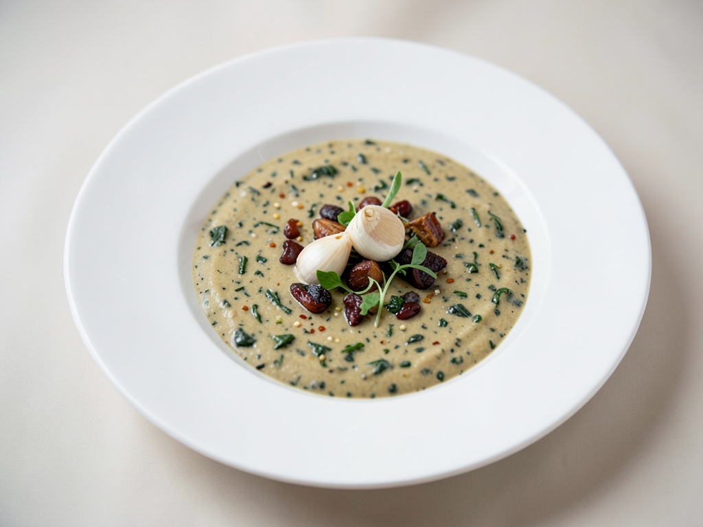 Sopa cremosa de castañas y espinacas con ajo asado