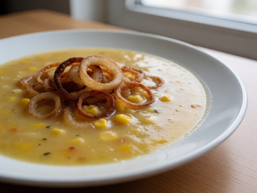 Cremige Mais-Knoblauch-Suppe mit Röstzwiebeln