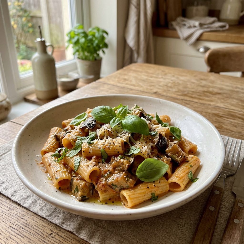 Cremige Auberginen-Pasta mit Basilikum