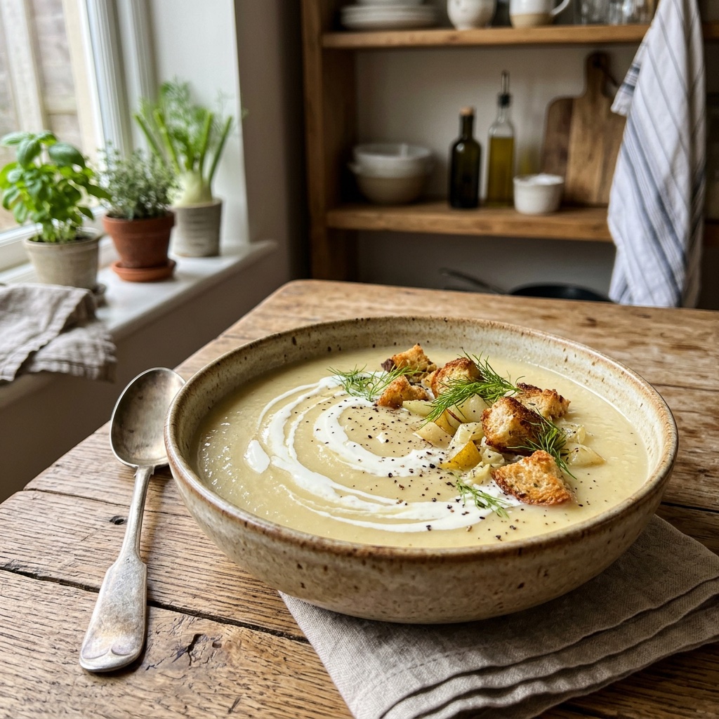 Cremige Fenchel-Birnen-Suppe mit Knusperbrot