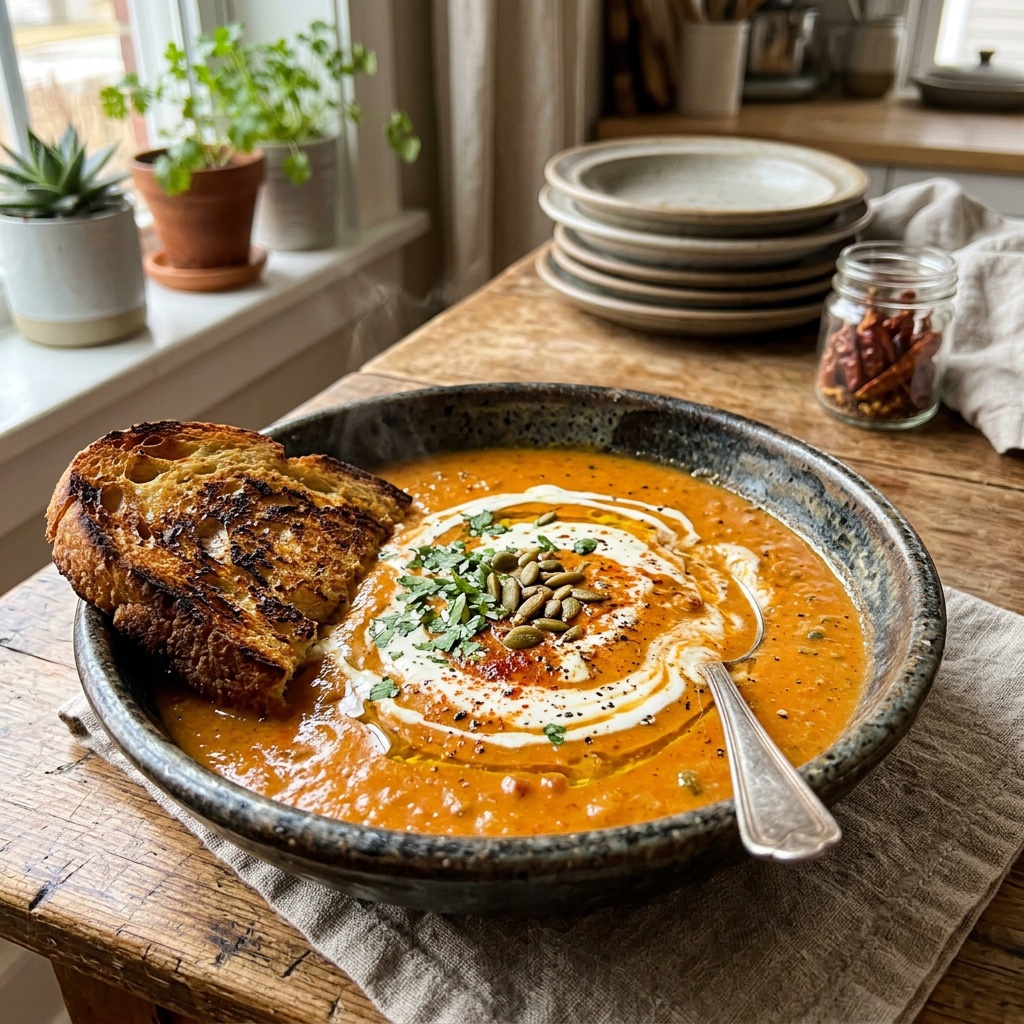 Cremige Manzanilla-Chili-Suppe mit geröstetem Brot