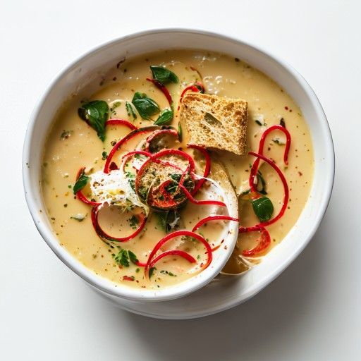 Sopa cremosa de habas Manzanilla con chile y pan tostado