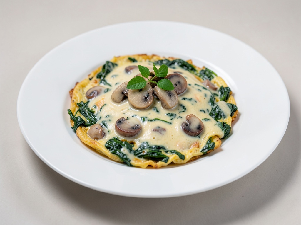 Tortilla francesa cremosa de champiñones y espinacas