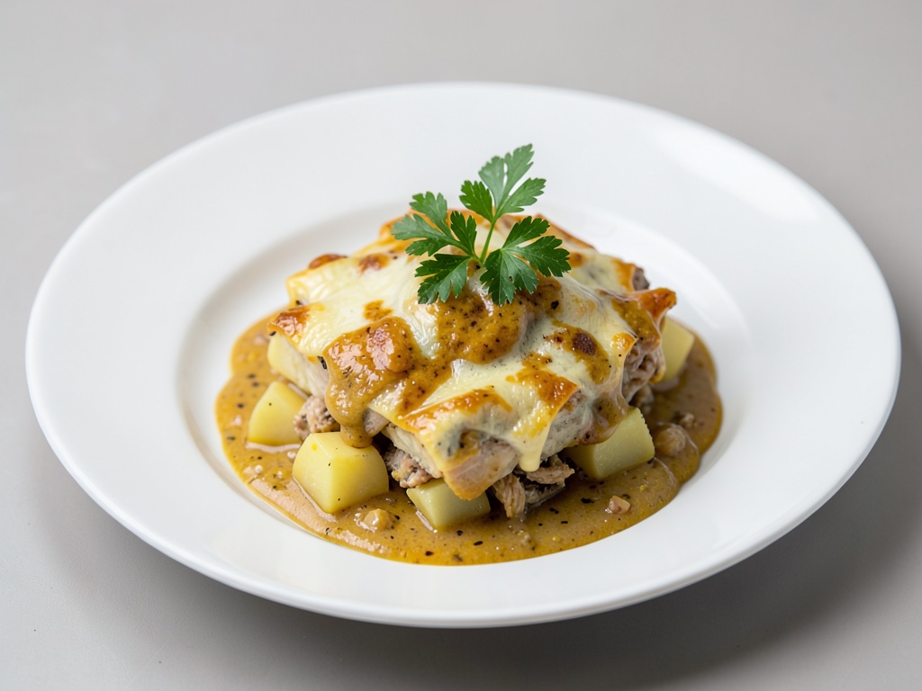 Cremiges Senf-Hähnchen-Gratin mit Kartoffeln