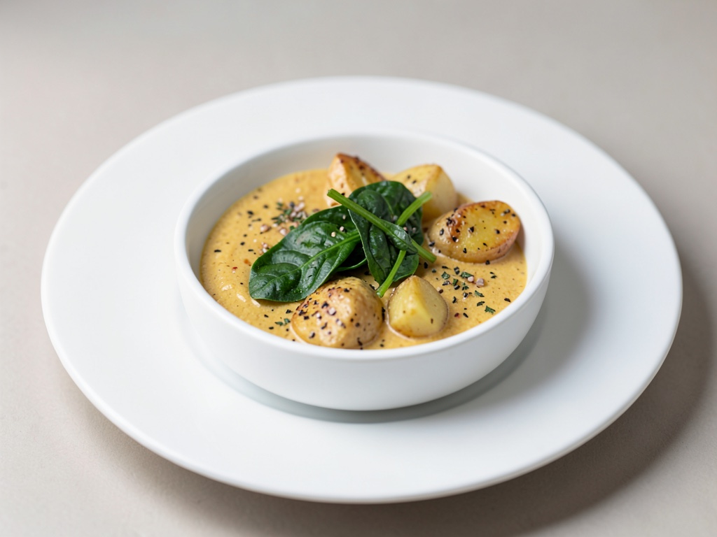 Cremige Senf-Graviers-Bowl mit Kartoffeln und Blattspinat