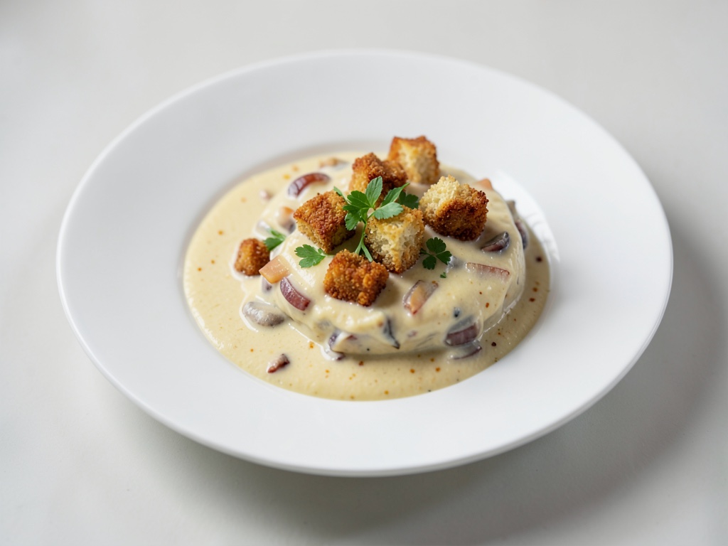 Sopa cremosa de cebolla con crutons crujientes