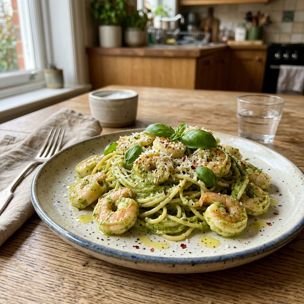 Cremige Pesto-Garnelen-Spaghetti