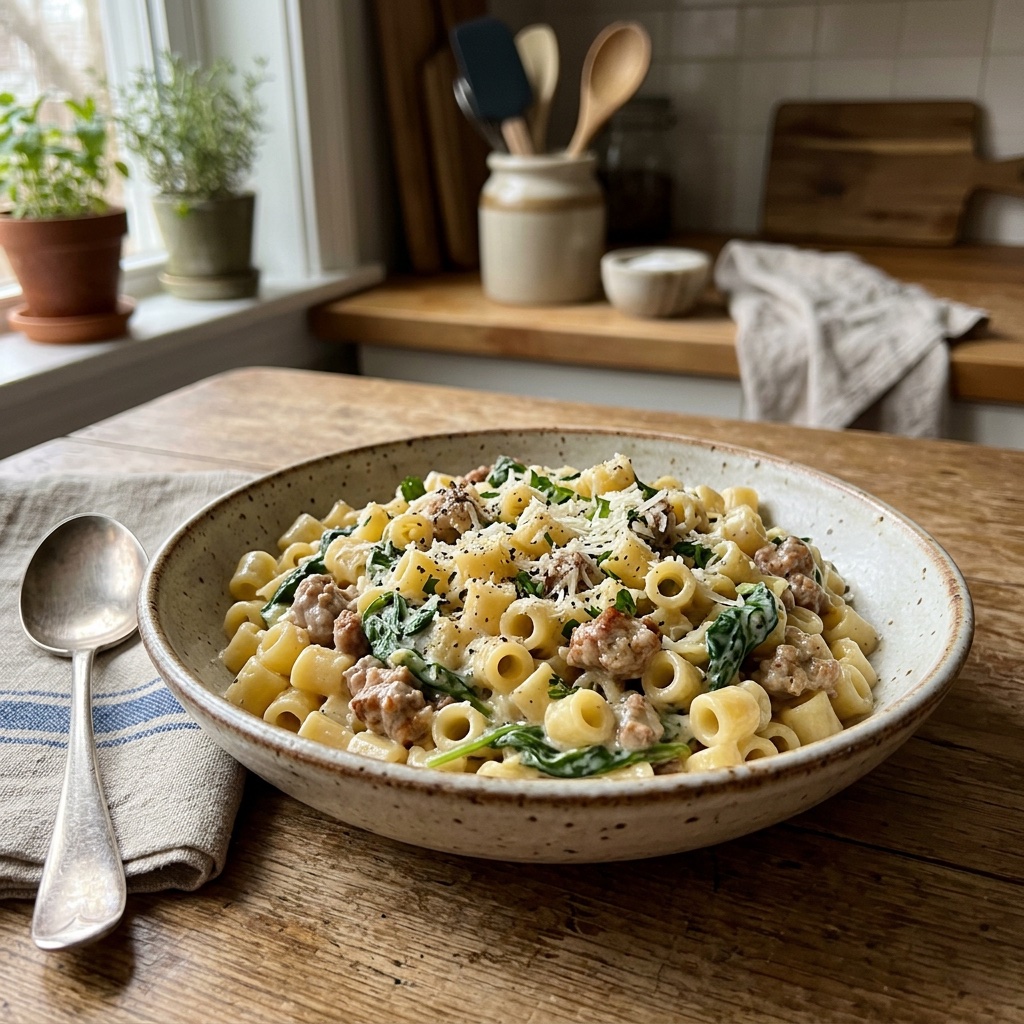 Cremige Schweinefleisch-Tubetti mit Spinat