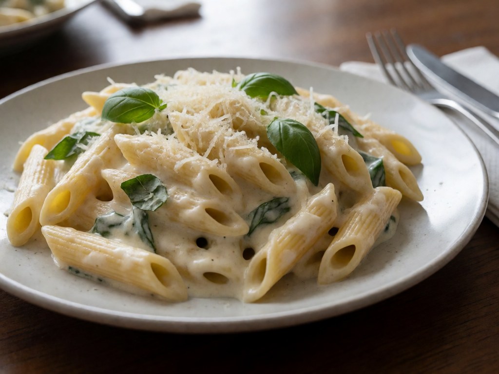 Cremige Ricotta-Penne mit Basilikum