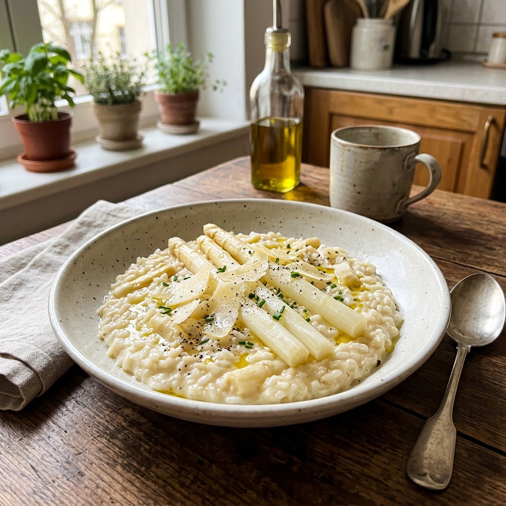 Cremiges Risotto mit weißem Spargel