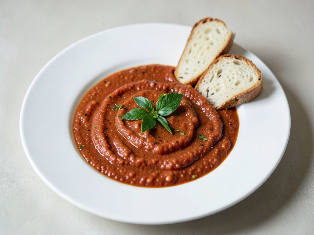 Sopa cremosa de pimiento rojo al horno con pan de ajo
