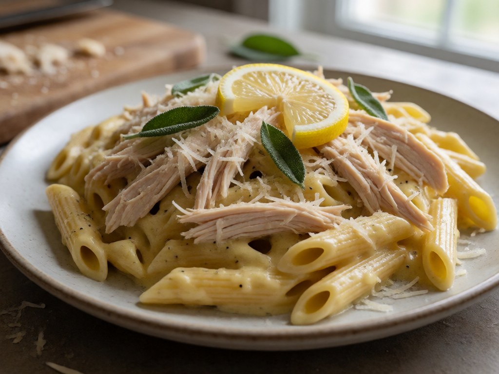 Cremige Grillhähnchen-Pasta mit Zitronen-Salbei