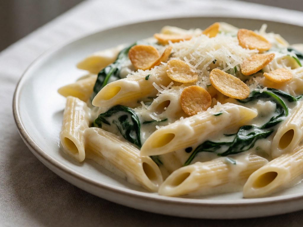 Cremige Ricotta-Spinat-Penne mit Knoblauchtips
