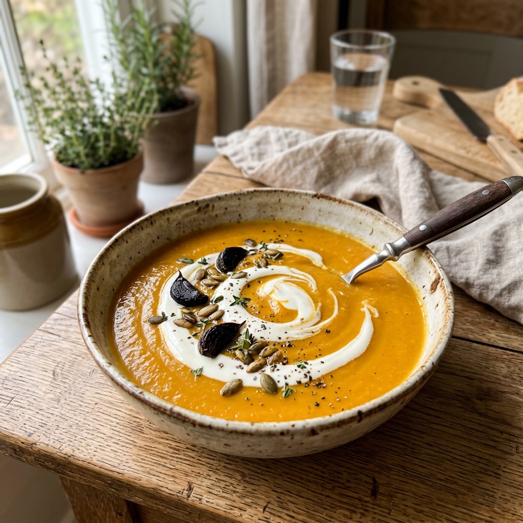Cremige Kürbis-Sopa mit schwarzem Knoblauch