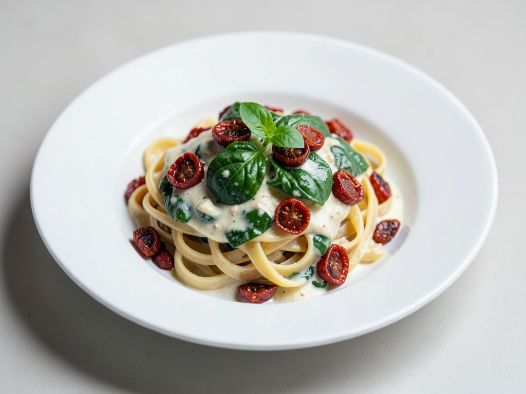 Cremige Pasta mit getrockneten Tomaten und Spinat
