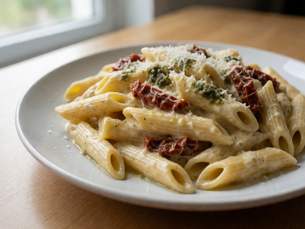 Cremige Toskanische Pasta mit Sonnengetrockneten Tomaten und Basilikum-Pesto