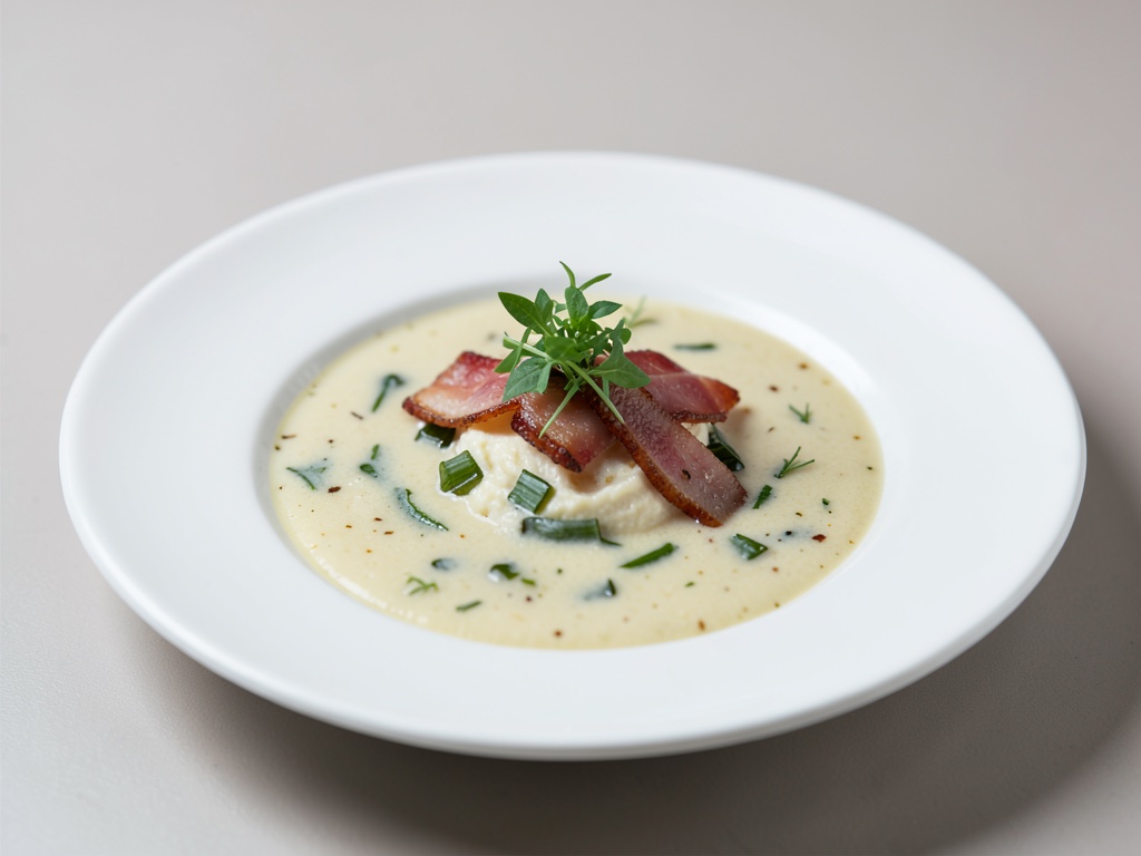 Sopa caliente de Vichyssoise de patata y puerro con bacon