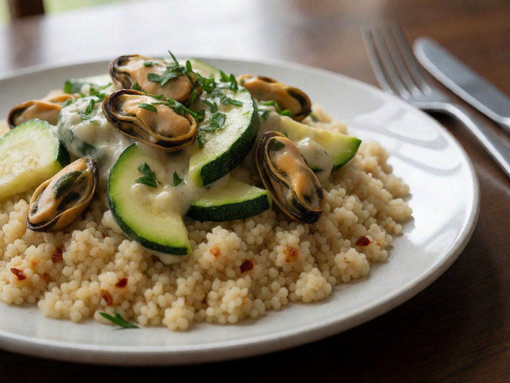 Cremige Zucchini-Muscheln mit Aglio e Olio Couscous