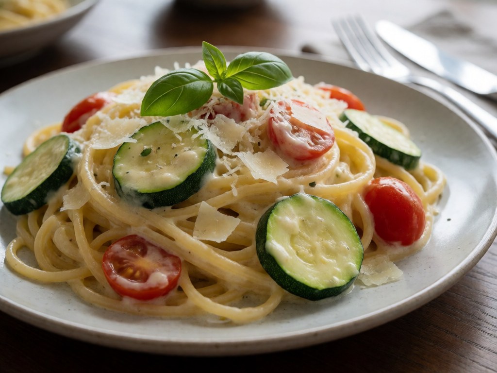 Cremige Zucchini-Tomaten-Pasta