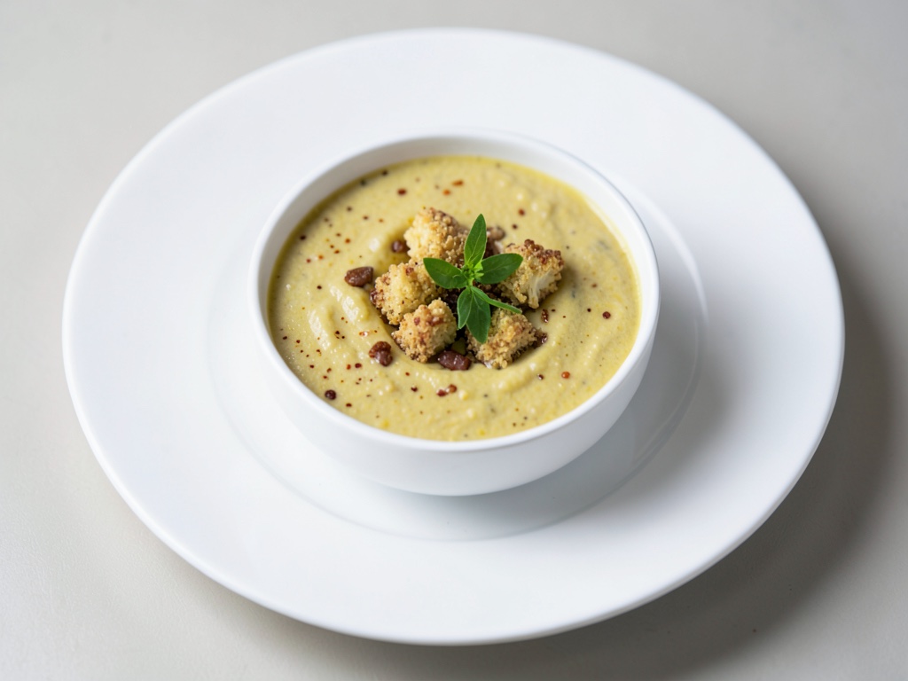 Sopa cremosa de coliflor picante con migas de ajo