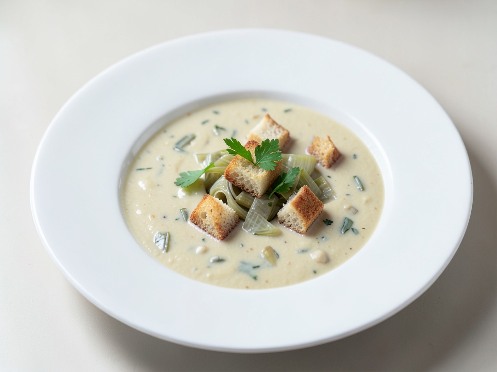 Sopa cremosa de puerro con crutones