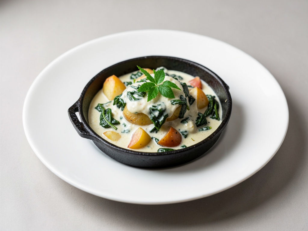 Padella cremosa di patate e spinaci