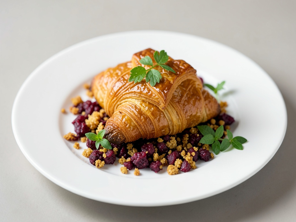 Croissant dorado con crujiente de remolacha y migas