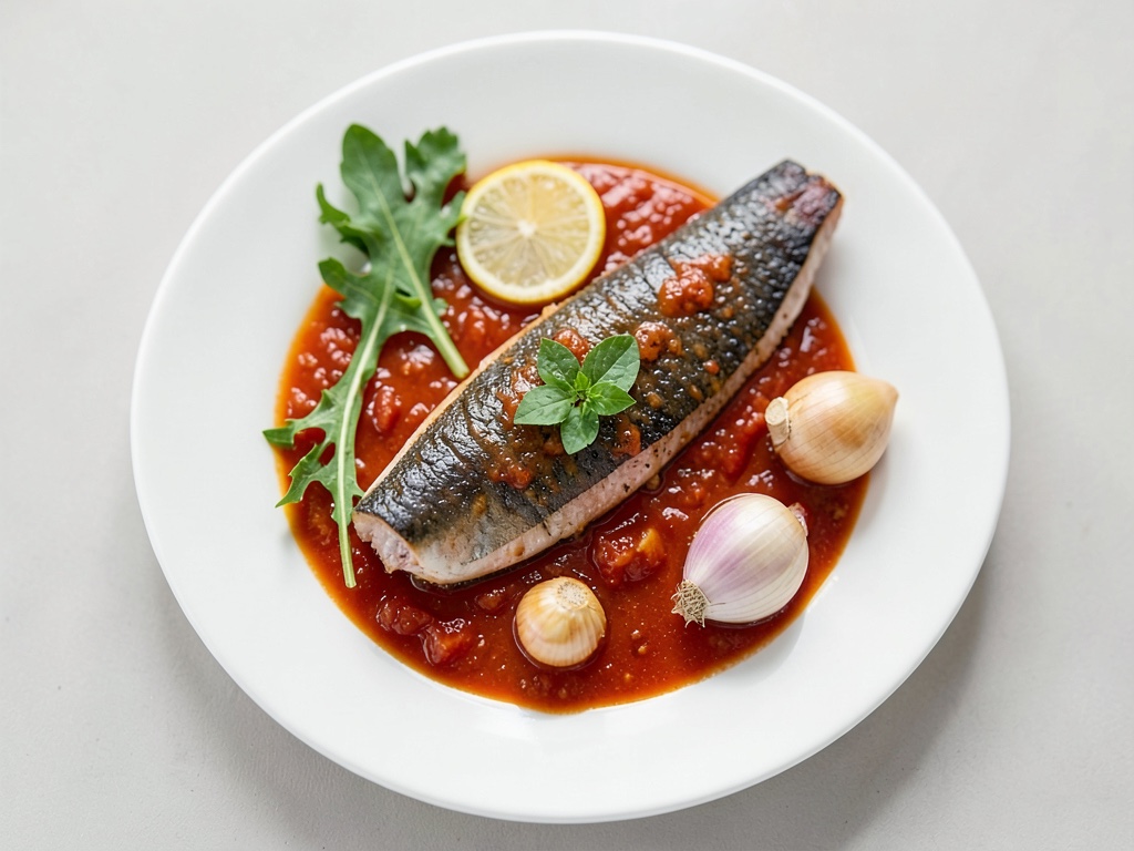 Anguila al horno en salsa fresca de tomate y acelga