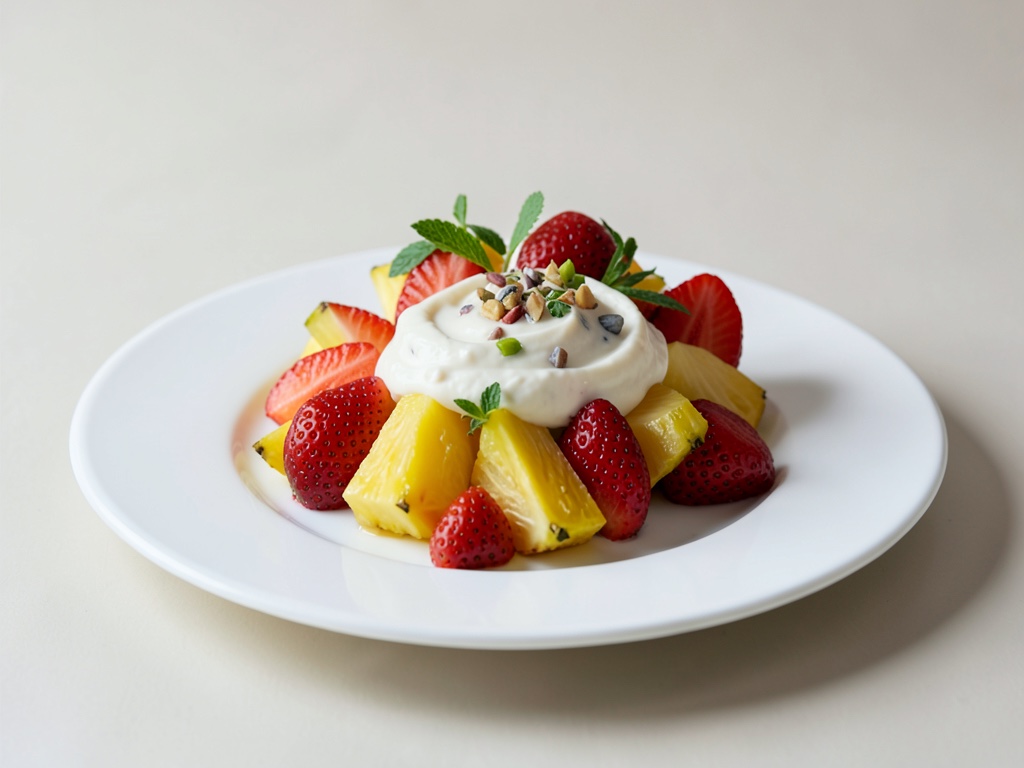 Plato frutal de piña y fresa con crema de nueces