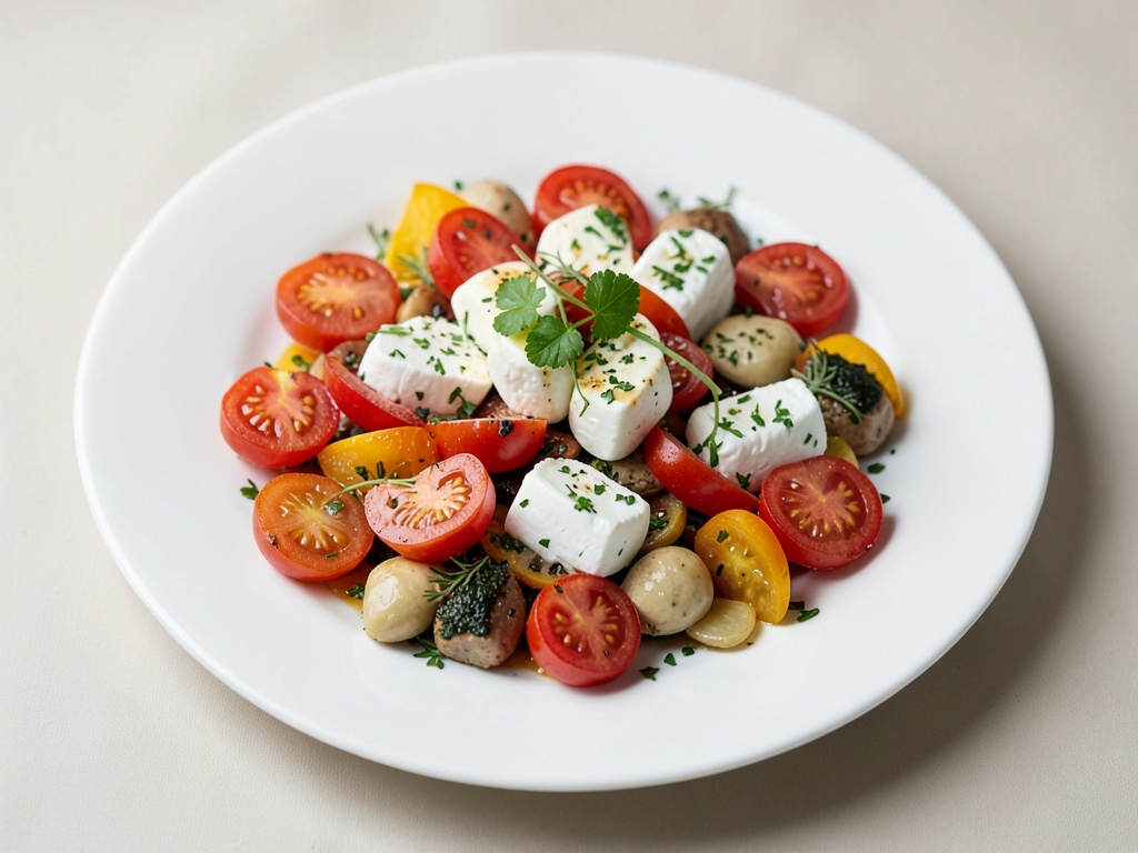 Piatto di antipasti colorato con mozzarella