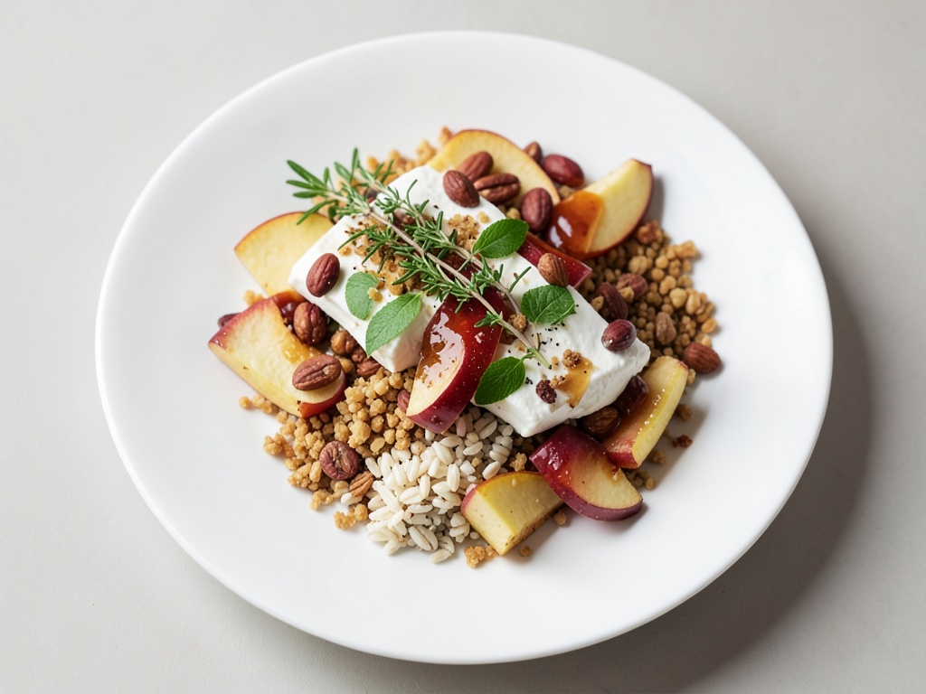 Carpaccio de pomme et betterave rouge au fromage de chèvre et crunch d'épeautre au miel