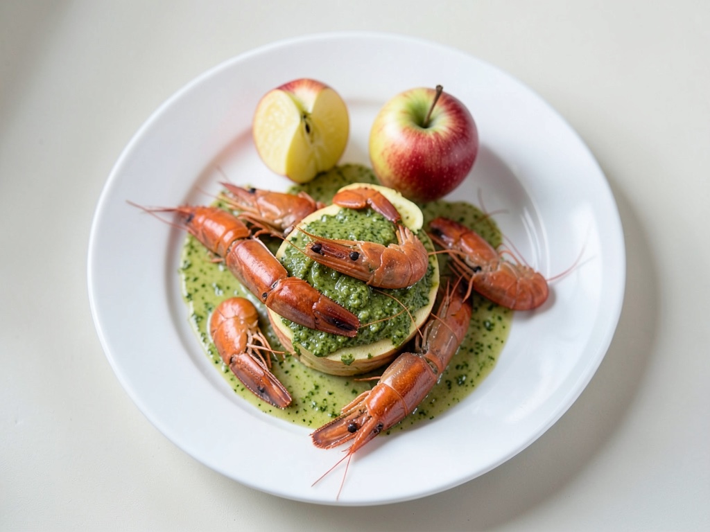 Tranches de pommes aux crevettes et dip au persil