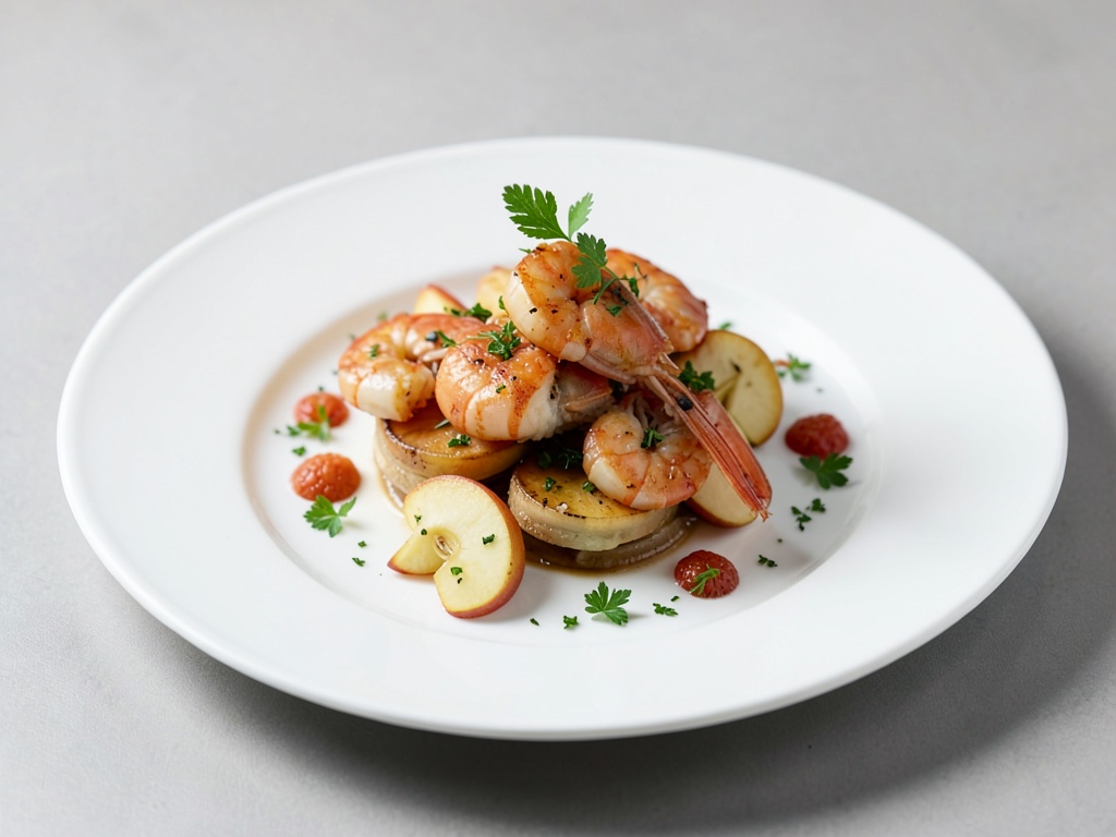 Entrada fresca y frutal de gambas y manzana