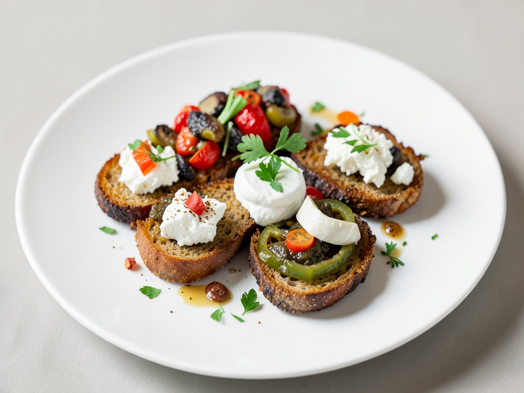Knusprige Bruschetta-Varianten mit Feta, Ziegenkäse und mariniertem Gemüse