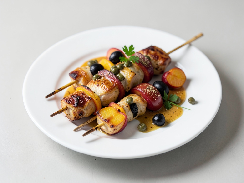 Spiedini di pollo con albicocche, capperi e olive