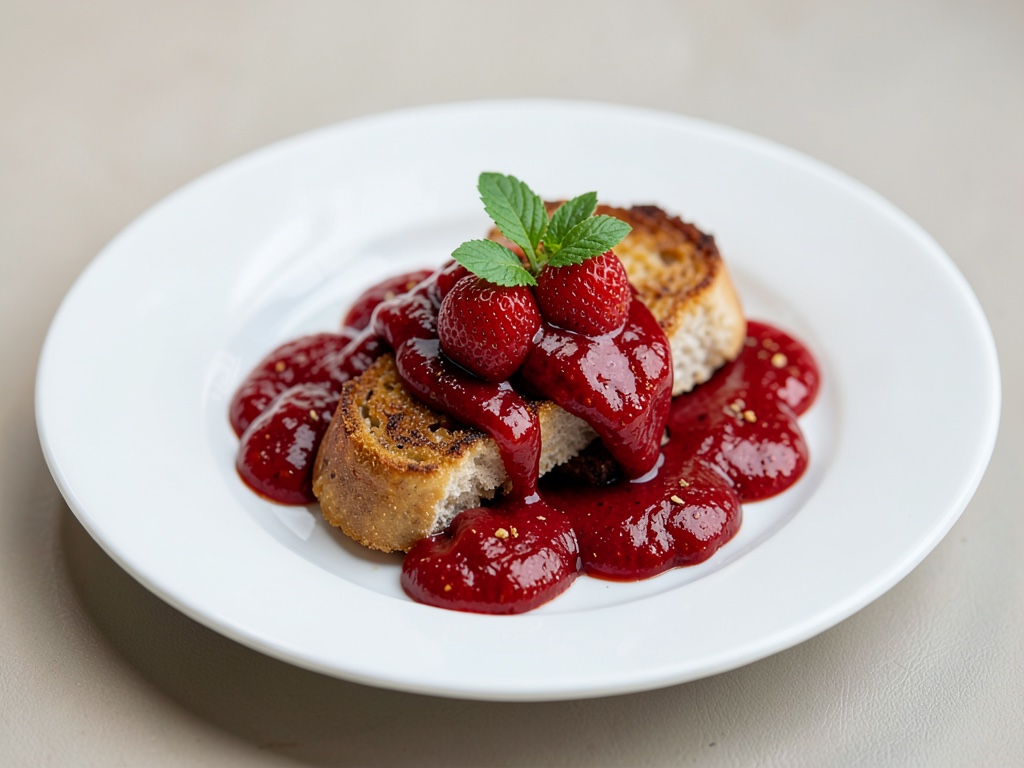 Morceaux de pain dorés à la sauce fraîche aux fraises